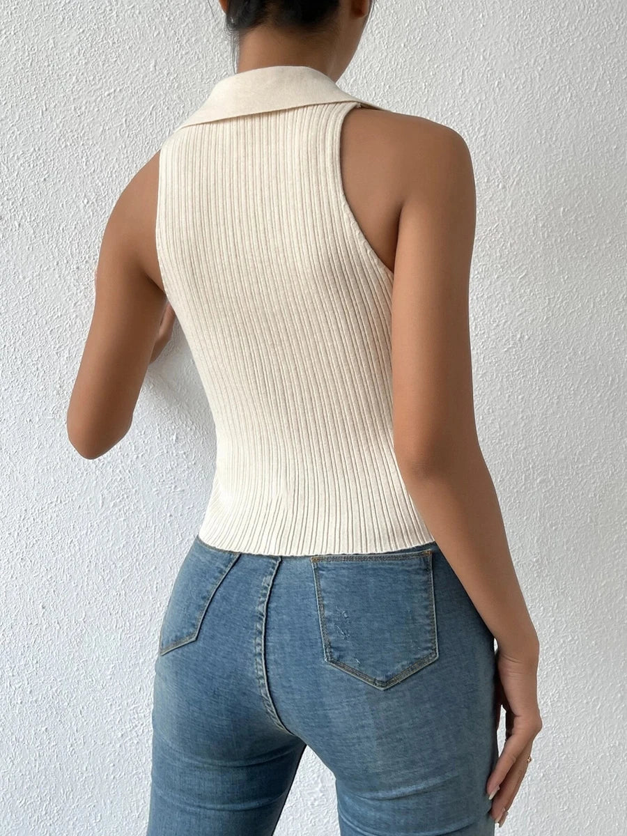 Summer V-Neck Ribbed Knit Crop Top - Sleeveless Turndown Collar in 10 Colors